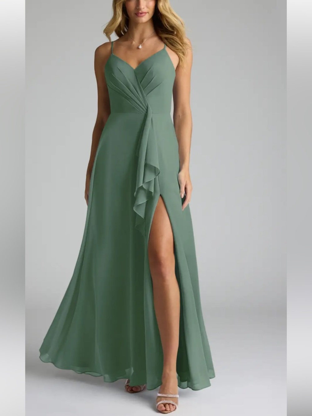 Azazie Akita Elegant Green Spaghetti Strap Evening Bridesmaid Dress size C VGUC
